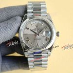 Swiss Replica Rolex Day Date 40 Grey Roman Dial Smooth Bezel Stainless Steel 2836 Watch